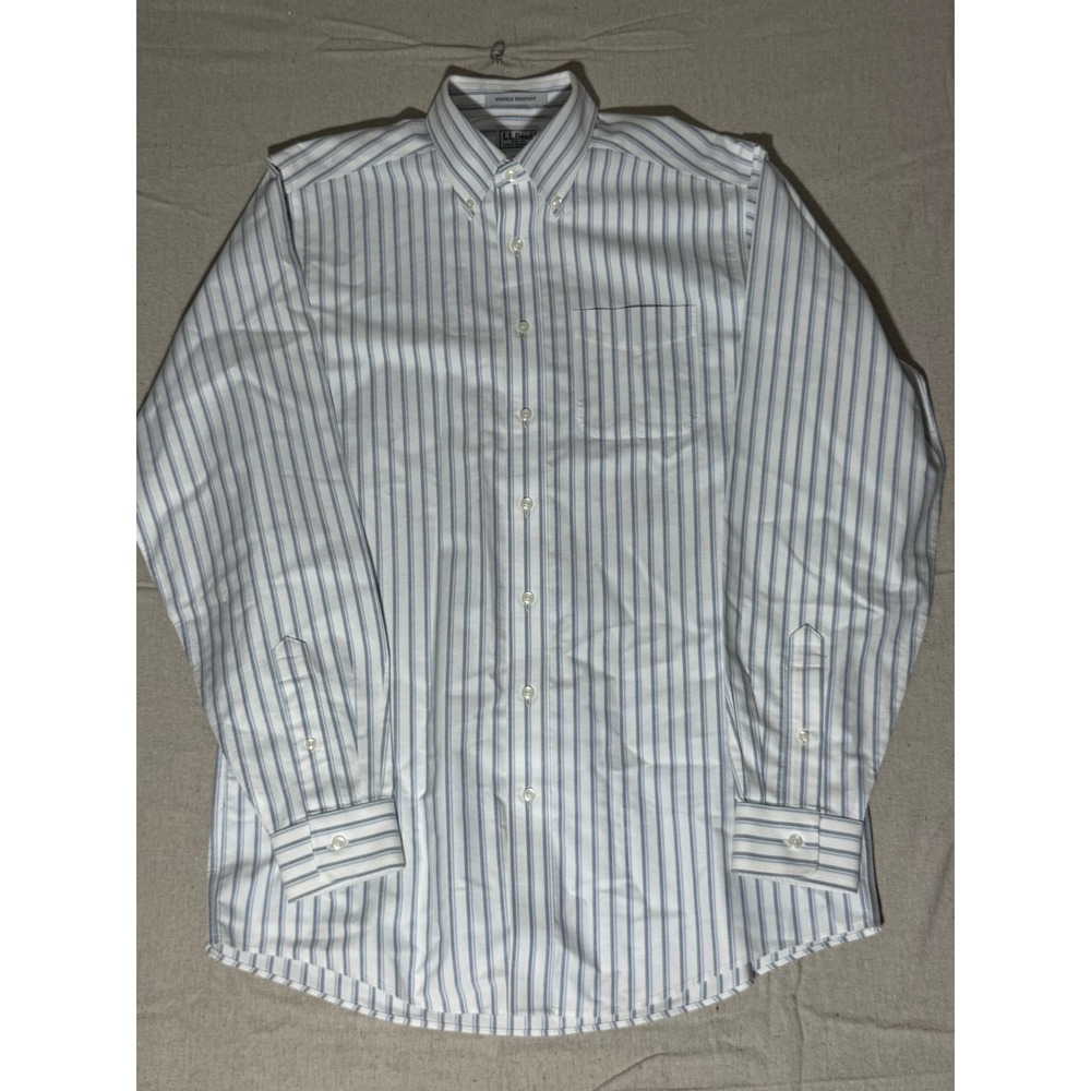 LL Bean Mens Wrinkle Resistant Oxford Shirt Blue White Stripe 15.5-36 237816